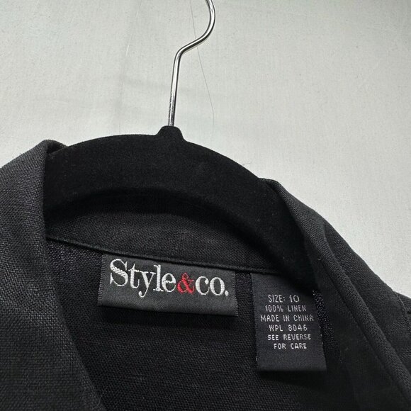 Style & Co Linen Blouse Womens 10 Button Up Sleeveless Embroidered Flowers Black - Picture 8 of 10